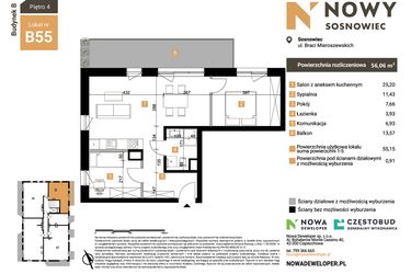 Rzut - Mieszkanie na sprzedaż 3 pokoje o powierzchni 56,06 m² - numer B55 w Nowy Sosnowiec