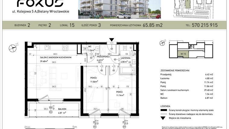 Rzut - Mieszkanie na sprzedaż 3 pokoje o powierzchni 65,85 m² - numer B2-15 w Fokus Bielany