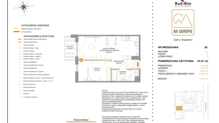 Rzut - Mieszkanie na sprzedaż 2 pokoje o powierzchni 47,47 m² - numer B28 w Na Skarpie bud. B