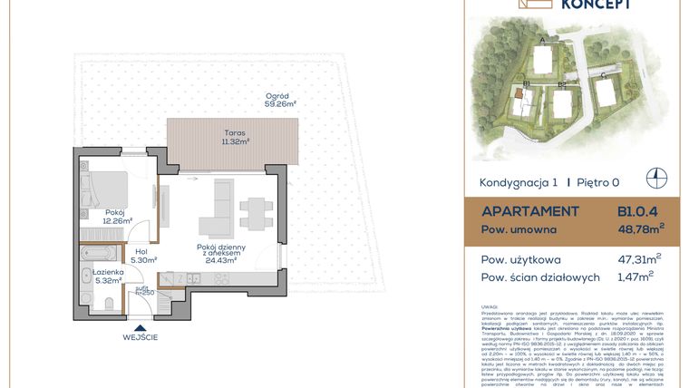 Rzut - Mieszkanie na sprzedaż 2 pokoje o powierzchni 48,95 m² - numer B1.0.4 w Oliva Koncept II