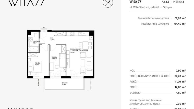 Rzut - Mieszkanie na sprzedaż 3 pokoje o powierzchni 67,2 m² - numer A3.3.2 w Wita 77