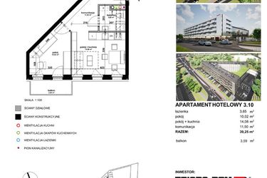Rzut - Mieszkanie na sprzedaż 2 pokoje o powierzchni 39,44 m² - numer 310 w Apartamentowiec Zwycięska 3 - inwestycyjne