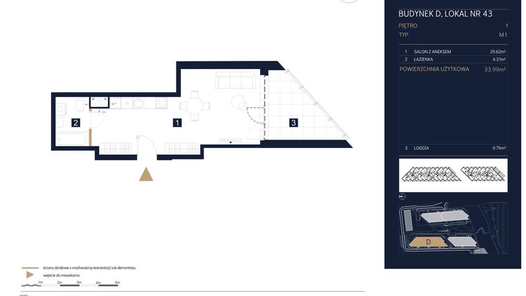 Rzut - Mieszkanie na sprzedaż 1 pokój o powierzchni 33,99 m² - numer D43 w Rezydencja Zegrze etap III