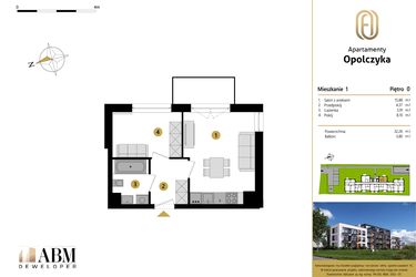 Rzut - Mieszkanie na sprzedaż 2 pokoje o powierzchni 32,26 m² - numer M1 w Apartamenty Opolczyka