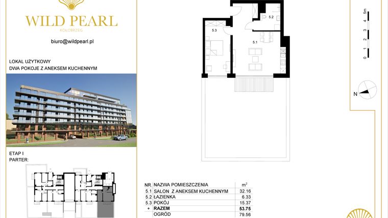 Rzut - Mieszkanie na sprzedaż 2 pokoje o powierzchni 53,75 m² - numer 0.5 w Wild Pearl - apartamenty inwestycyjne