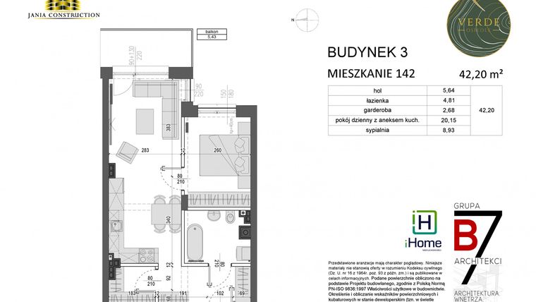 Rzut - Mieszkanie na sprzedaż 2 pokoje o powierzchni 42,2 m² - numer 142 w Miasteczko Verde