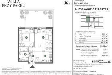 Rzut - Mieszkanie na sprzedaż 2 pokoje o powierzchni 39,65 m² - numer 0.E w Willa przy parku