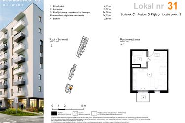 Rzut - Mieszkanie na sprzedaż 1 pokój o powierzchni 34,36 m² - numer C.31 w Osiedle Kochanowskiego - Gliwice