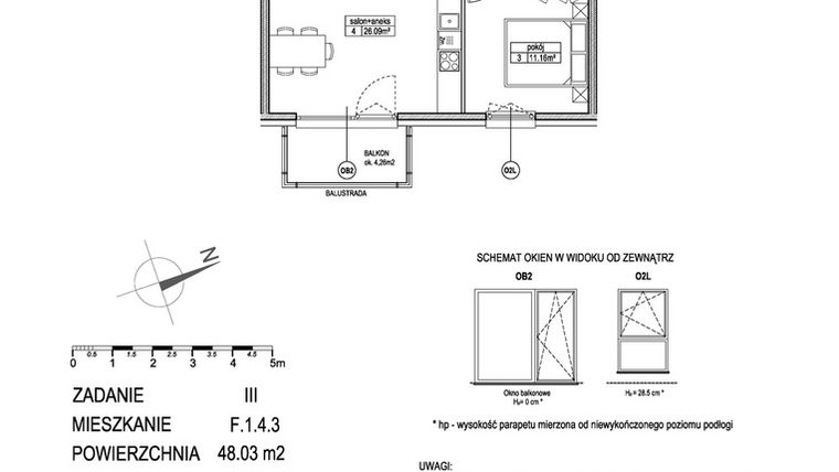Rzut - Mieszkanie na sprzedaż 2 pokoje o powierzchni 47,84 m² - numer F.1.4.3 w Atut III