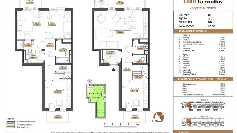 Rzut - Mieszkanie na sprzedaż 5 pokoi o powierzchni 109,31 m² - numer 04.B1 w Apartamenty Krynoliny