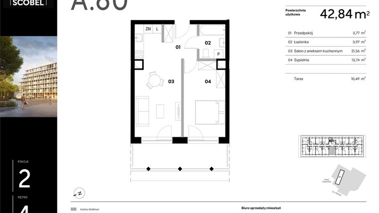 Rzut - Mieszkanie na sprzedaż 2 pokoje o powierzchni 42,84 m² - numer A.60 w Browar HUGO SCOBEL