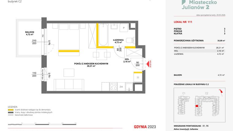 Rzut - Mieszkanie na sprzedaż 1 pokój o powierzchni 35,09 m² - numer 111 w Miasteczko Julianów etap 2