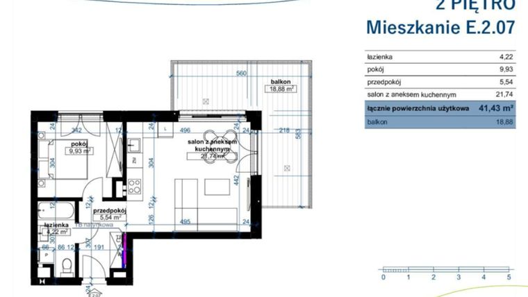 Rzut - Mieszkanie na sprzedaż 2 pokoje o powierzchni 41,43 m² - numer E.2.07 w Wzgórze Poetów 2