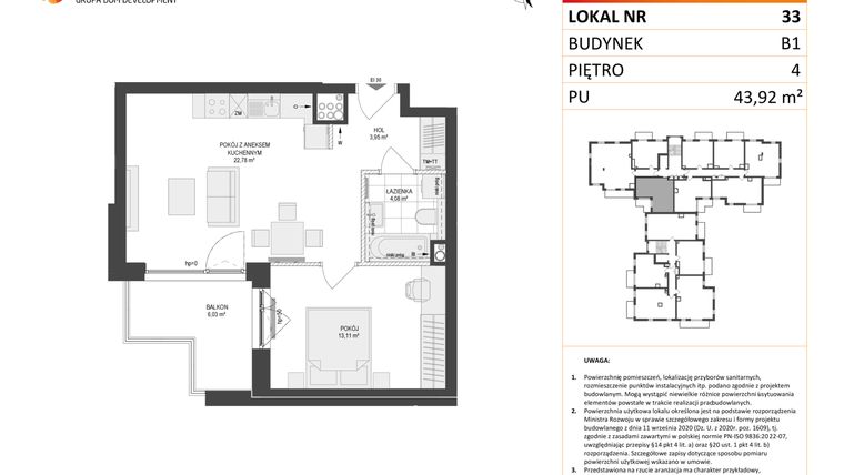 Rzut - Mieszkanie na sprzedaż 2 pokoje o powierzchni 43,92 m² - numer 33 w Locus 2