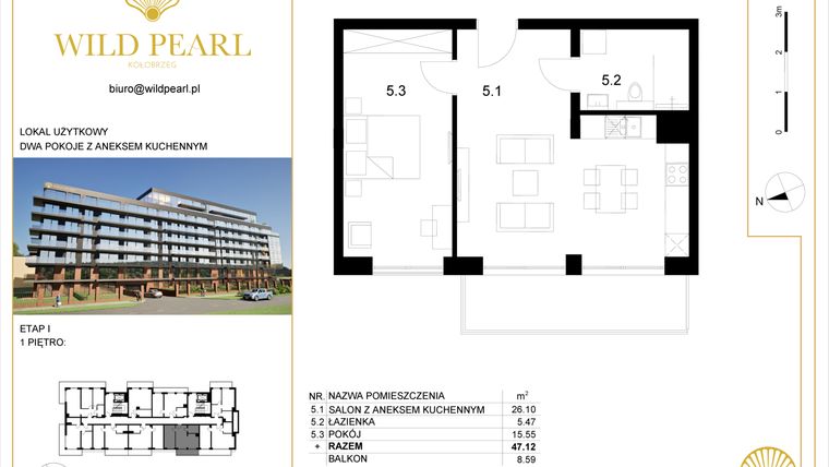 Rzut - Mieszkanie na sprzedaż 2 pokoje o powierzchni 47,12 m² - numer 1.5 w Wild Pearl - apartamenty inwestycyjne