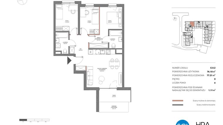 Rzut - Mieszkanie na sprzedaż 4 pokoje o powierzchni 77,21 m² - numer E.0.2 w Łopuszańska 47 - etap 2