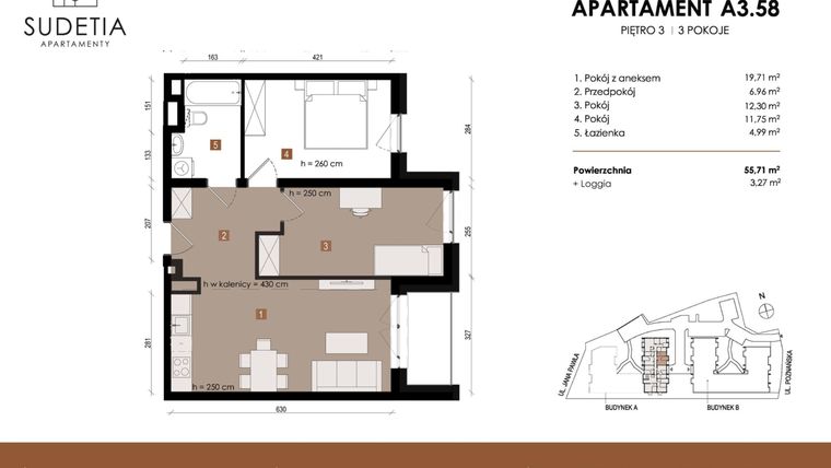 Rzut - Mieszkanie na sprzedaż 3 pokoje o powierzchni 55,71 m² - numer A 3.58 w Apartamenty Sudetia