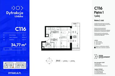 Rzut - Mieszkanie na sprzedaż 1 pokój o powierzchni 34,77 m² - numer C116 w Dyfrakcja Łódzka - bud. CD