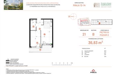 Rzut - Mieszkanie na sprzedaż 2 pokoje o powierzchni 36,83 m² - numer 12.21 w Osiedle Nowe Horyzonty etap III