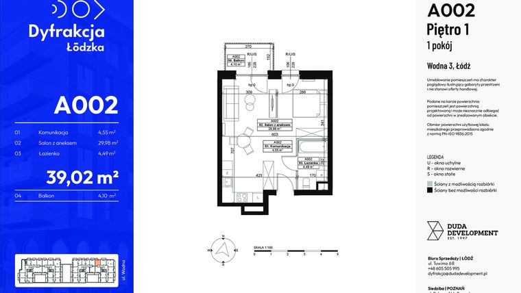 Rzut - Mieszkanie na sprzedaż 1 pokój o powierzchni 39,02 m² - numer A002 w Dyfrakcja Łódzka