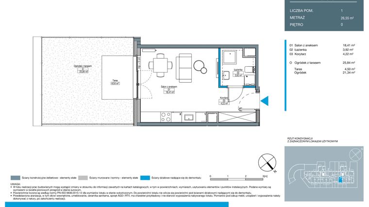 Rzut - Mieszkanie na sprzedaż 1 pokój o powierzchni 26,55 m² - numer EA0004 w Talarowa Park II