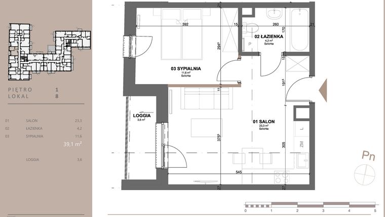 Rzut - Mieszkanie na sprzedaż 2 pokoje o powierzchni 39,4 m² - numer 8 w BETWEEN