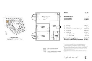 Rzut - Mieszkanie na sprzedaż 3 pokoje o powierzchni 55,91 m² - numer 3.26 w OVAL SKY