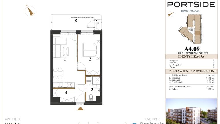 Rzut - Mieszkanie na sprzedaż 2 pokoje o powierzchni 39,48 m² - numer A4.09 w Portside Bałtycka