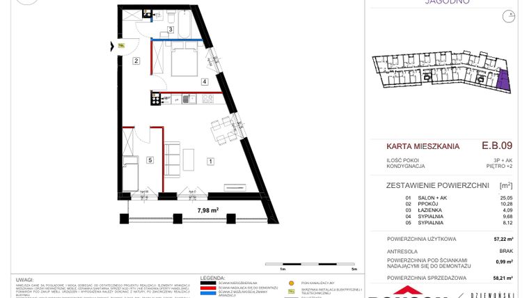 Rzut - Mieszkanie na sprzedaż 3 pokoje o powierzchni 58,21 m² - numer EB_09 w Viva Jagodno etap III
