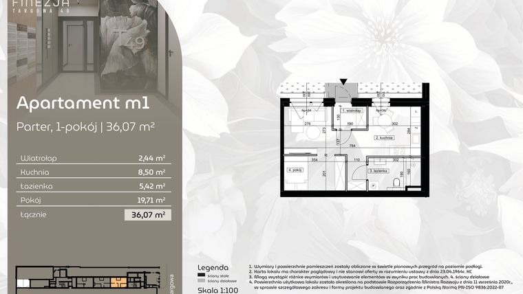 Rzut - Mieszkanie na sprzedaż 1 pokój o powierzchni 36,07 m² - numer M1 w Finezja Targowa 49