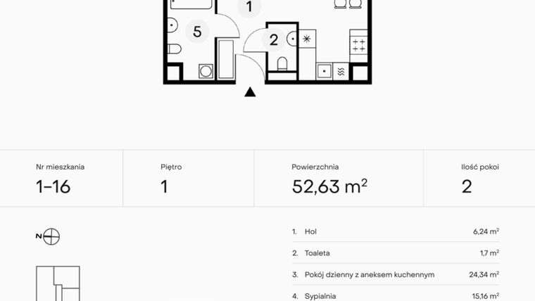 Rzut - Mieszkanie na sprzedaż 2 pokoje o powierzchni 52,63 m² - numer 1-16 w Pączka 1