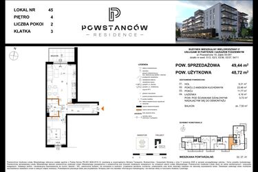 Rzut - Mieszkanie na sprzedaż 2 pokoje o powierzchni 48,73 m² - numer 45 w Powstańców Residence