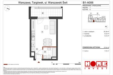 Rzut - Mieszkanie na sprzedaż 1 pokój o powierzchni 27,61 m² - numer B1-A006 w Warszawski Świt etap VIII