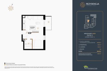 Rzut - Mieszkanie na sprzedaż 1 pokój o powierzchni 39,22 m² - numer B.209 w Rezydencja Śródmiejska