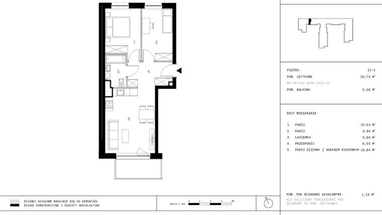 Rzut - Mieszkanie na sprzedaż 3 pokoje o powierzchni 50,74 m² - numer 4.A21 w Staszica 3