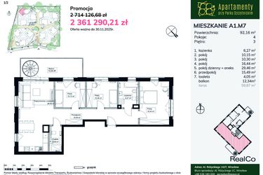 Rzut - Mieszkanie na sprzedaż 4 pokoje o powierzchni 92,16 m² - numer A1.M7 w Apartamenty przy Parku Szczytnickim