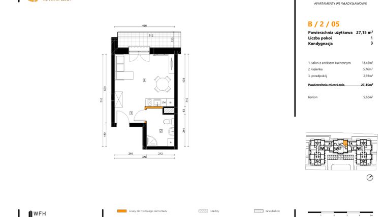 Rzut - Mieszkanie na sprzedaż 1 pokój o powierzchni 27,15 m² - numer B.2.05 w SPOT