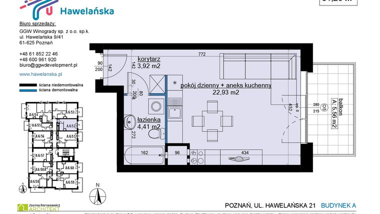 Rzut - Mieszkanie na sprzedaż 1 pokój o powierzchni 31,26 m² - numer A/6/52 w Osiedle Hawelańska etap III - bud. A