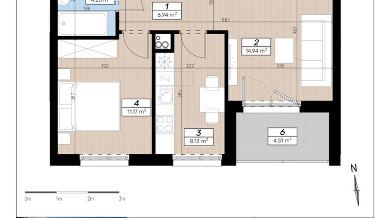 Rzut - Mieszkanie na sprzedaż 2 pokoje o powierzchni 45,44 m² - numer F/1/3 w Limone