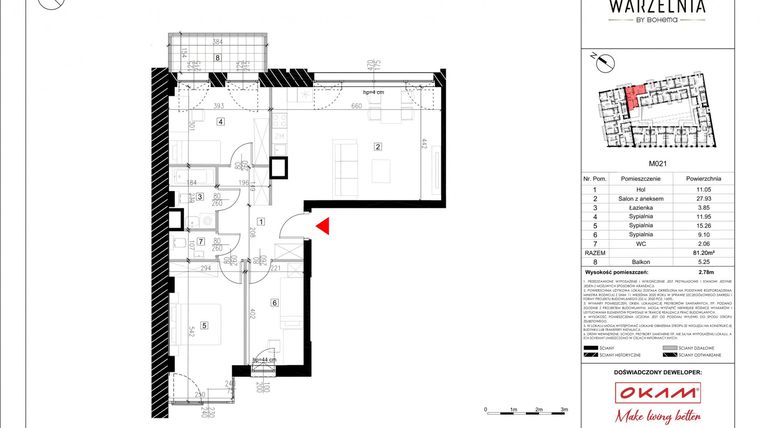 Rzut - Mieszkanie na sprzedaż 4 pokoje o powierzchni 81,44 m² - numer M021 w Warzelnia by Bohema