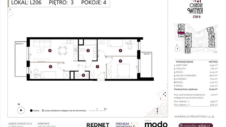 Rzut - Mieszkanie na sprzedaż 4 pokoje o powierzchni 71,42 m² - numer L206 w Osiedle Witaj etap II