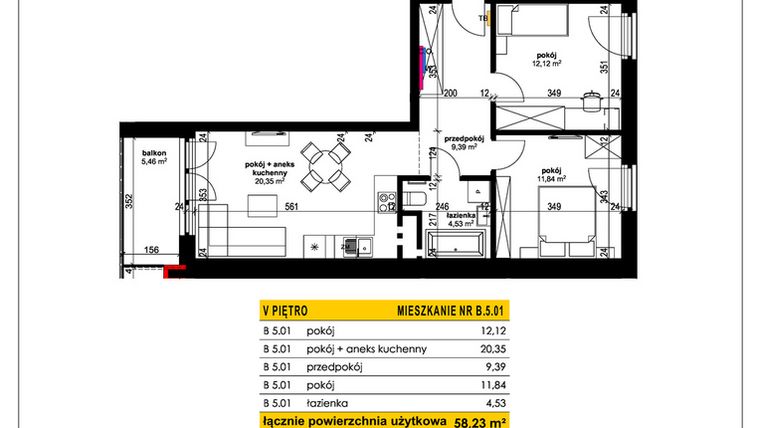 Rzut - Mieszkanie na sprzedaż 3 pokoje o powierzchni 58,23 m² - numer B 5.01 w Park Moniuszki II C