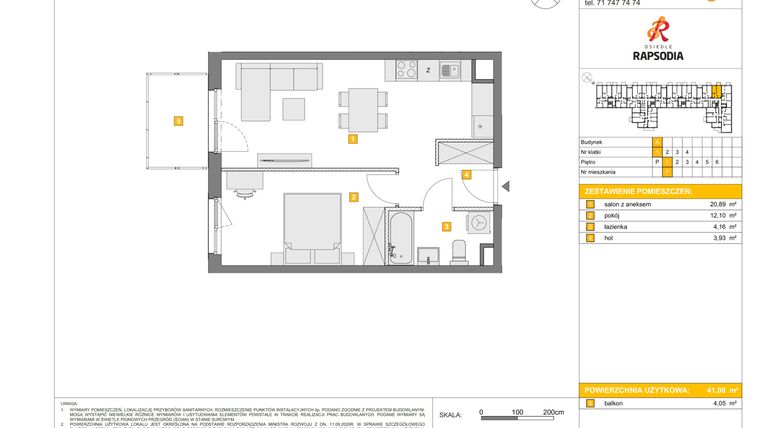 Rzut - Mieszkanie na sprzedaż 2 pokoje o powierzchni 41,08 m² - numer A.7 w Osiedle Rapsodia