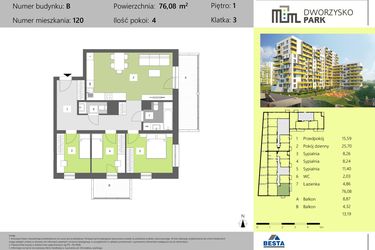Rzut - Mieszkanie na sprzedaż 4 pokoje o powierzchni 76,08 m² - numer 120 w Dworzysko Park - Etap II