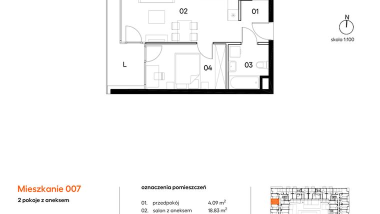 Rzut - Mieszkanie na sprzedaż 2 pokoje o powierzchni 38,67 m² - numer A007 w Miasto Polskich Mistrzów Olimpijskich