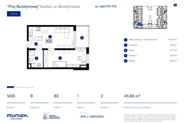 Rzut - Mieszkanie na sprzedaż 2 pokoje o powierzchni 45,86 m² - numer 25B w Przy Bursztynowej