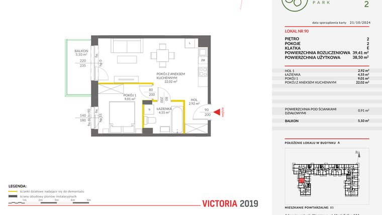 Rzut - Mieszkanie na sprzedaż 2 pokoje o powierzchni 39,41 m² - numer A.90 w Olchowy Park II