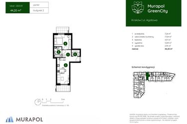 Rzut - Mieszkanie na sprzedaż 2 pokoje o powierzchni 44,2 m² - numer 2.B.0.03 w Murapol GreenCity bud. 2
