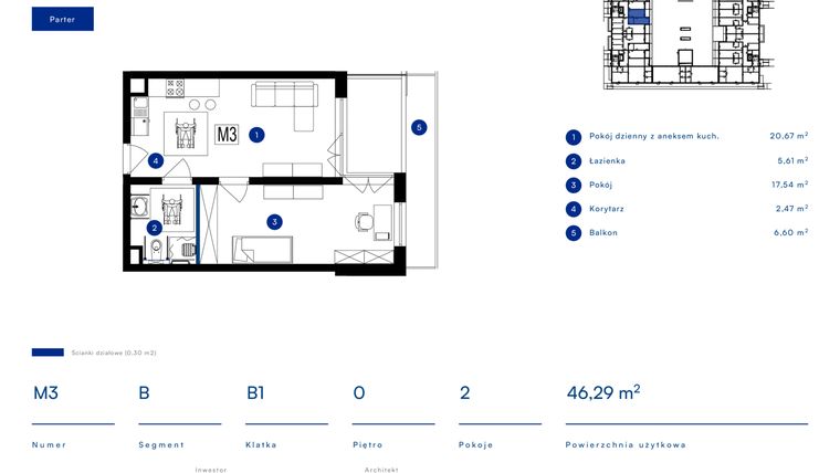 Rzut - Mieszkanie na sprzedaż 2 pokoje o powierzchni 46,29 m² - numer 3B w Przy Bursztynowej