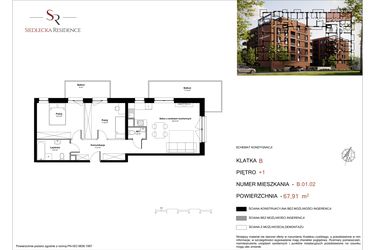 Rzut - Mieszkanie na sprzedaż 3 pokoje o powierzchni 69,42 m² - numer B-01-02 w Siedlecka Residence